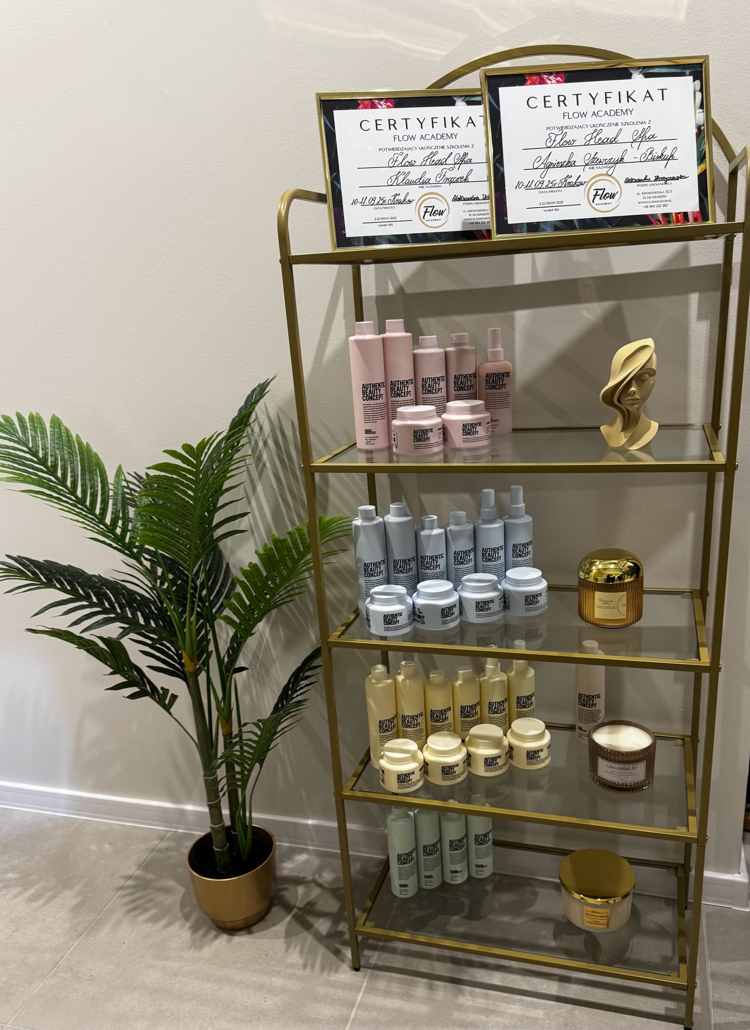 Zdjęcie przedstawia witrynę z kosmetykami do włos&oacute;w w gabinecie Madame HEAD SPA